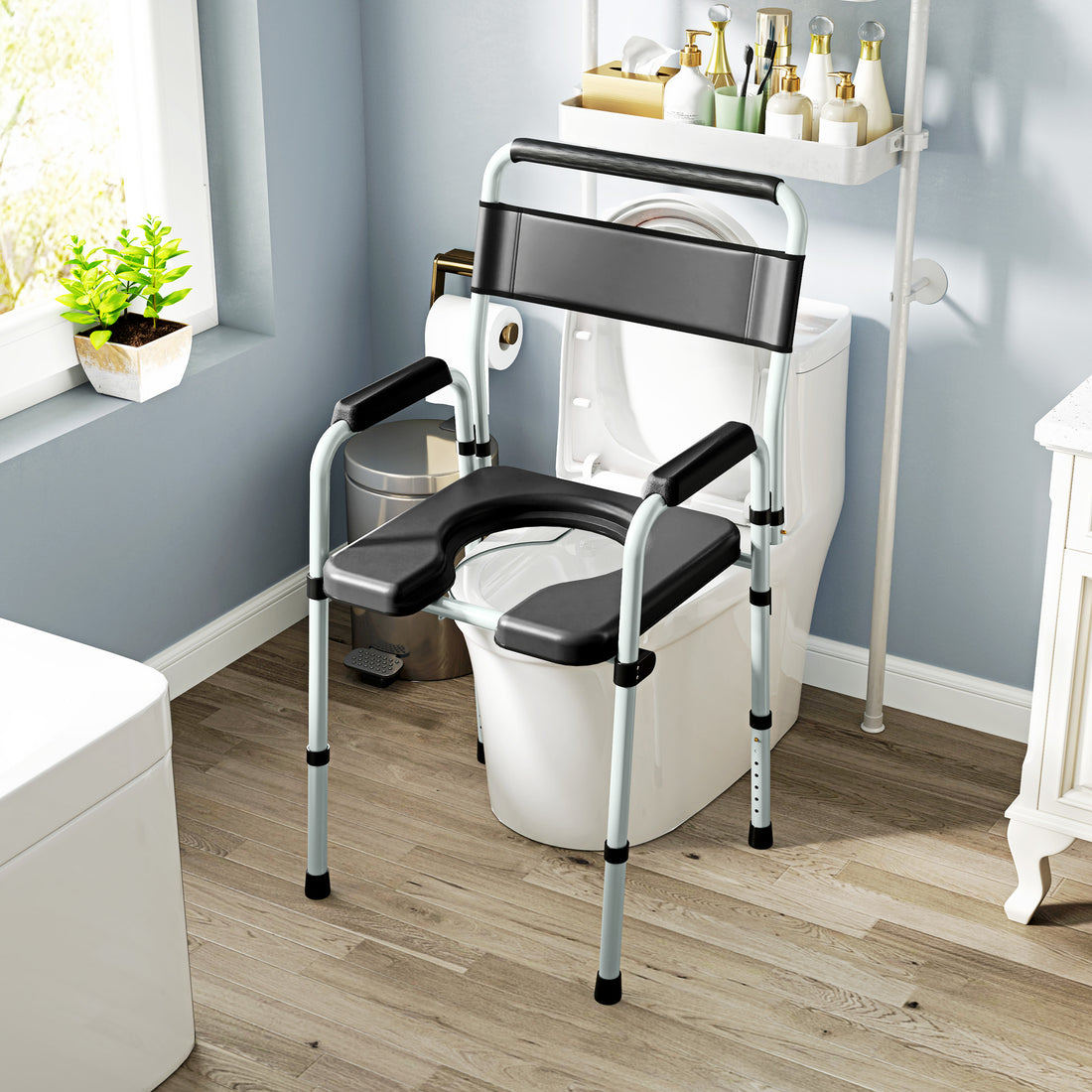 Bedside Commode Chair for Seniors, Adults, Handicap, Raised Toilet Seat with Arm, Adjustable Height, 331 lbs, Black