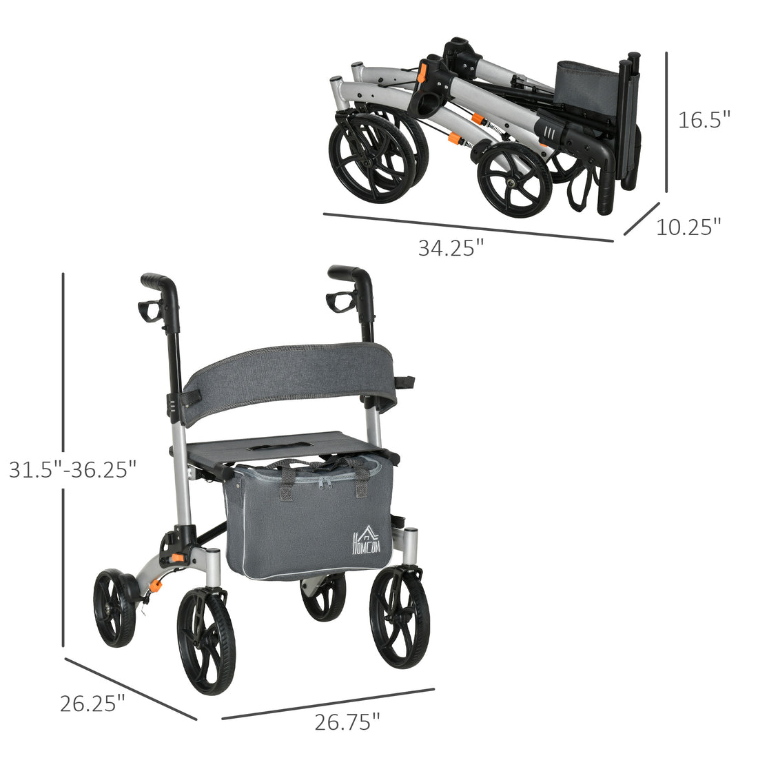 Aluminum Rollator Walker for Seniors and Adults with 10'' Wheels FSA HSA Eligible, Seat and Backrest, Folding Rolling Walker with Adjustable Handle and Storage Bag, Support up to 300lbs, Gray